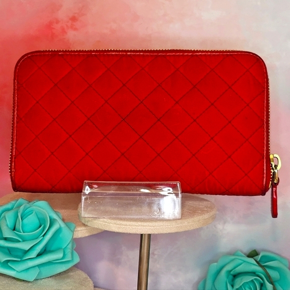 PRADA Quilted Fiery Red Nylon & Saffiano Leather Long Wallet Round Zipper - Picture 5 of 16